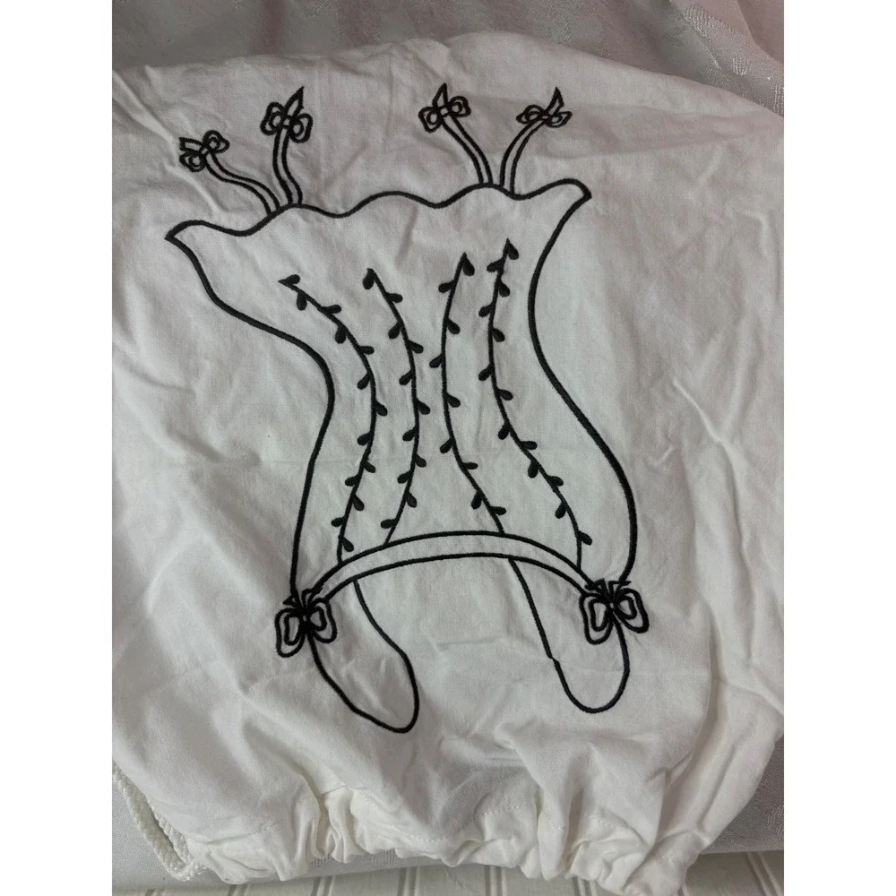 Miaou White Cotton Drawstring Dust Bag Black Embroidered Corset Graphic Pouch